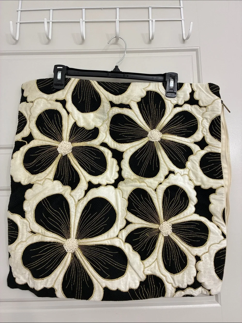 MacKenzie-Childs Black and Cream Floral Embroidered Pillow Cover